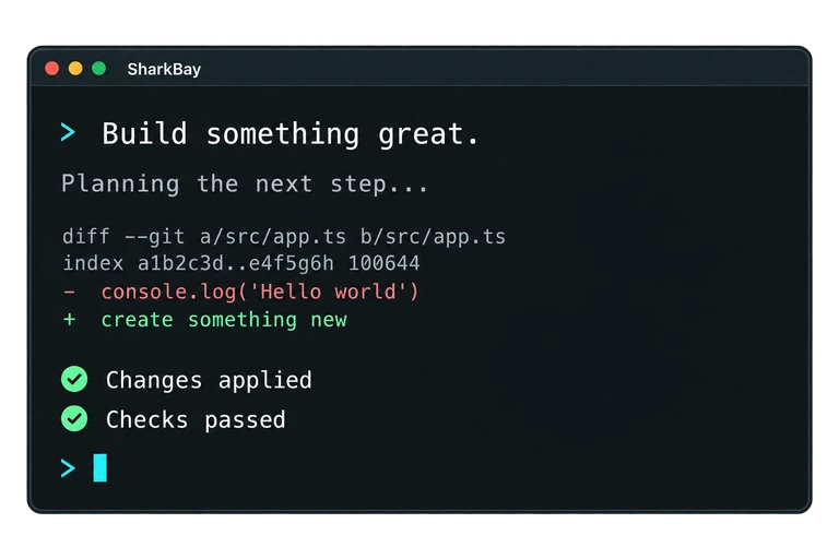 Sharkbay command-line concept with code changes and terminal output